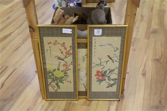 Seven Chinese watercolours on silk, of birds, flowers and a figure, 20th century, largest 31 x 36cm
